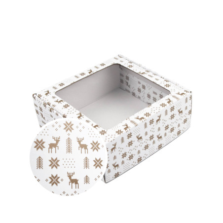 Weiße Quadratische Geschenkbox mit Weihnachtsdesign | 220x220x90 mm