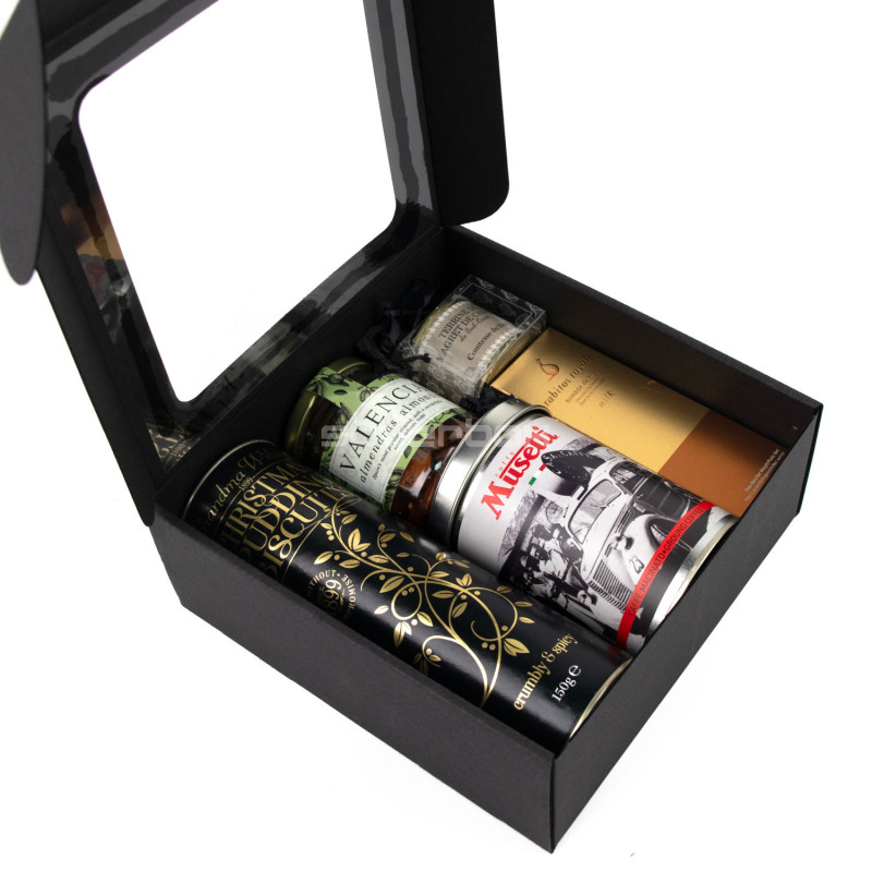 Schwarze große quadratische Geschenkbox mit klarem Fenster