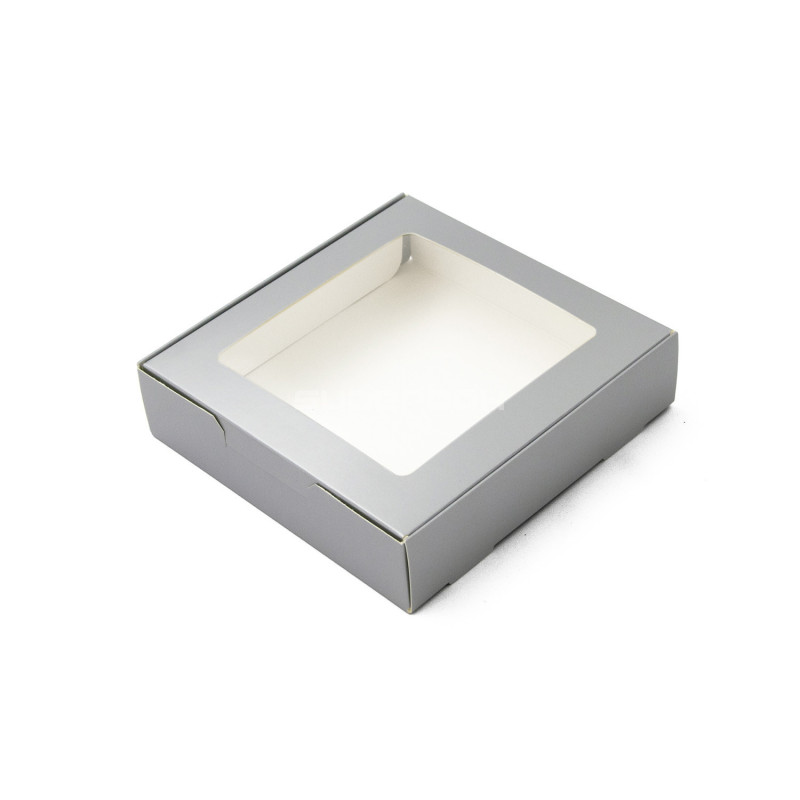 Silberne Süßwarenbox mit Fenster | 145x150x35 mm | Superbox