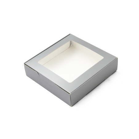 Silberne Süßwarenbox mit Fenster | 145x150x35 mm | Superbox