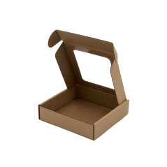 Braune quadratische Box, 3 cm tief, mit klarem Fenster
