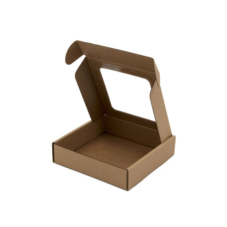Braune quadratische Box, 3 cm tief, mit klarem Fenster